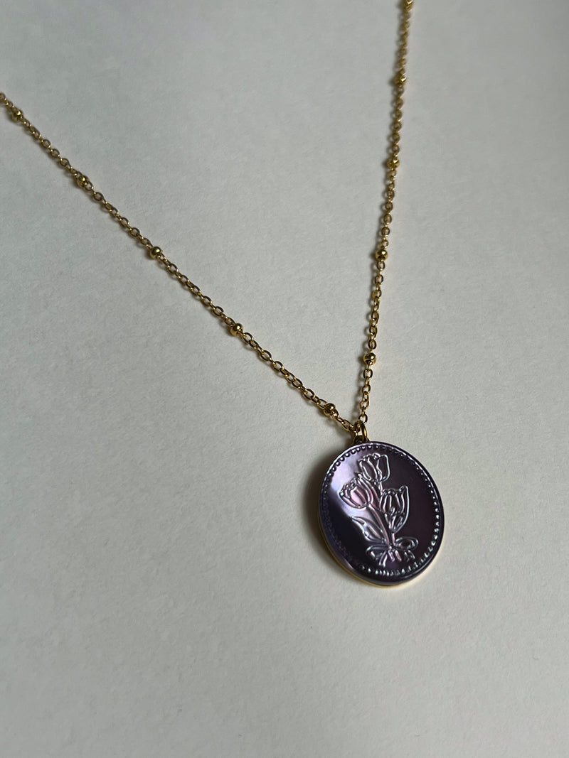 Large Pearl Pendant Necklace with Carved Flowers - Purple