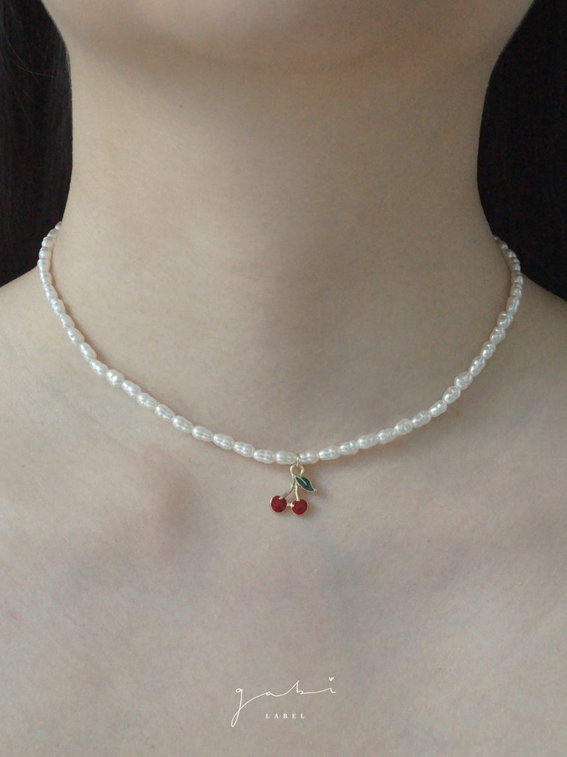 Pearl Necklace with Cherry Pendant