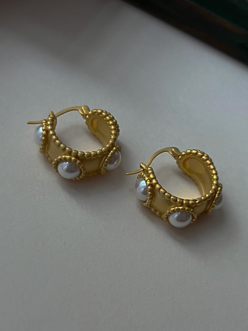 Matte Gold Vintage Pearl Hoops