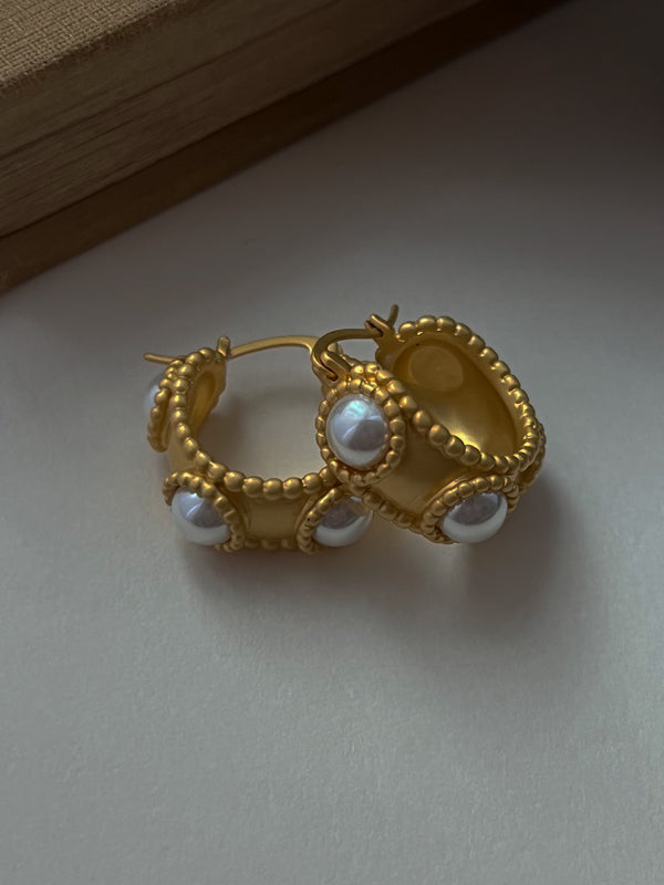 Matte Gold Vintage Pearl Hoops