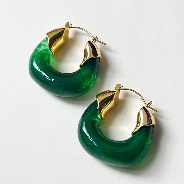 Gold Plate Flower Design Green Enamel LV Earrings