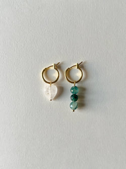 Mismatched Stone Hoop Earrings - Clear Quartz/Green