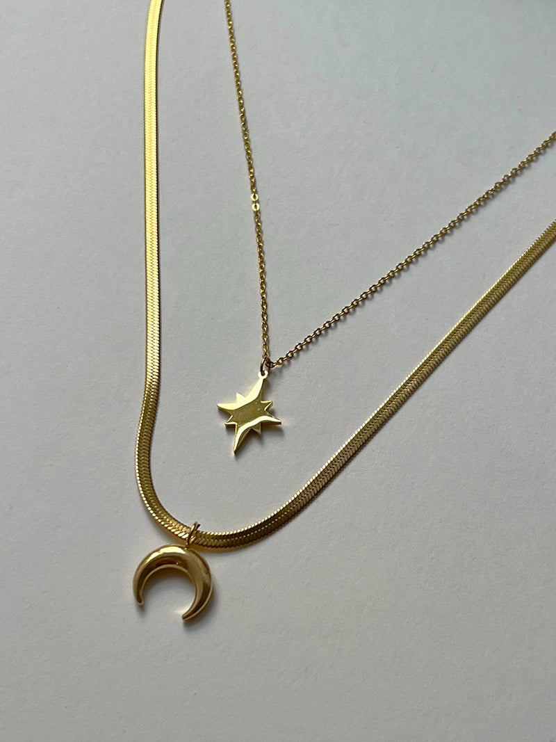 Snake Chain Necklace - Crescent Moon and Starburst Charms