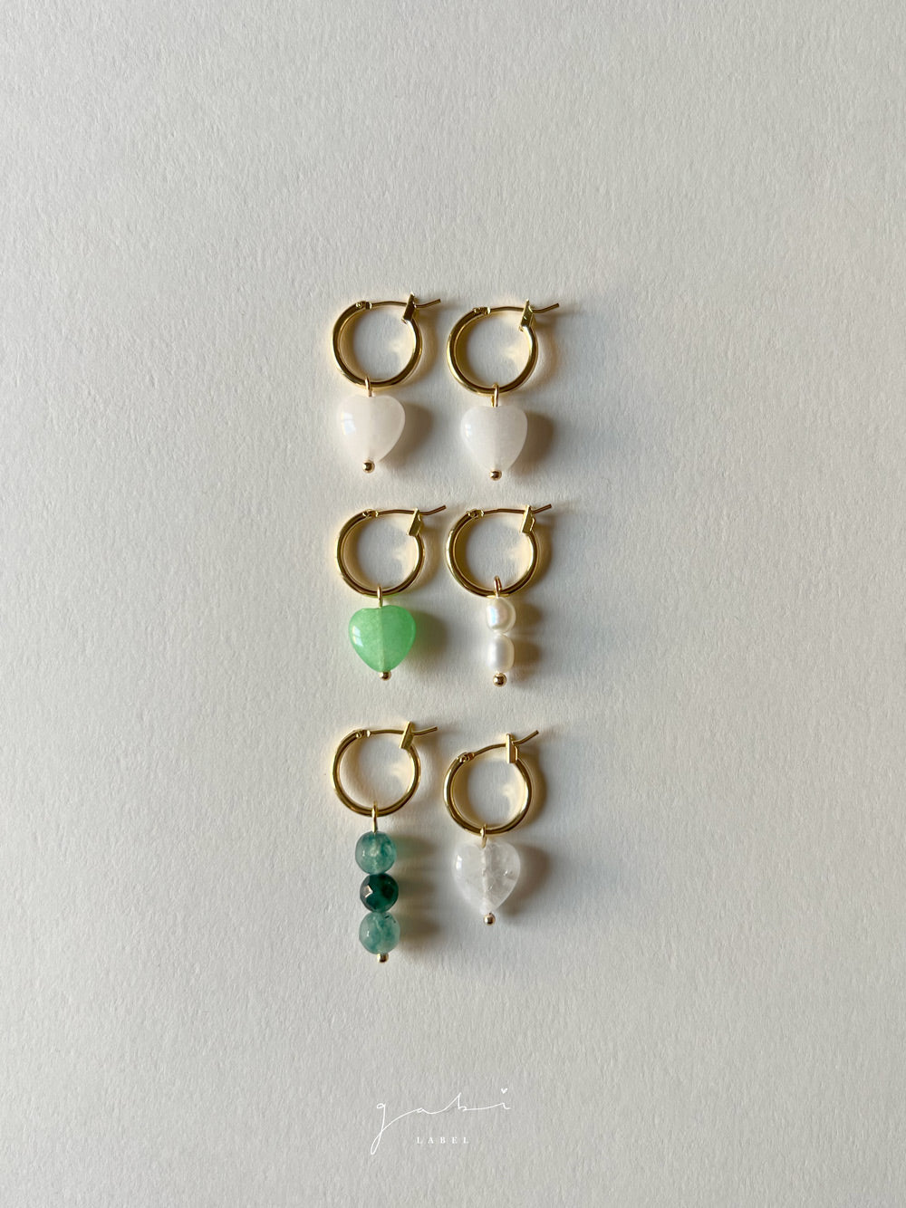 Mismatched Stone Hoop Earrings - Clear Quartz/Green