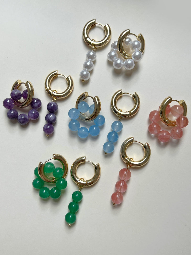 Asymmetrical Hoops with Natural Stones - Pink