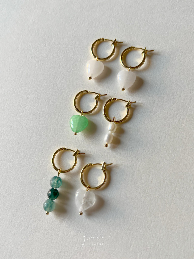 Mismatched Stone Hoop Earrings - Green Jade/Pearls
