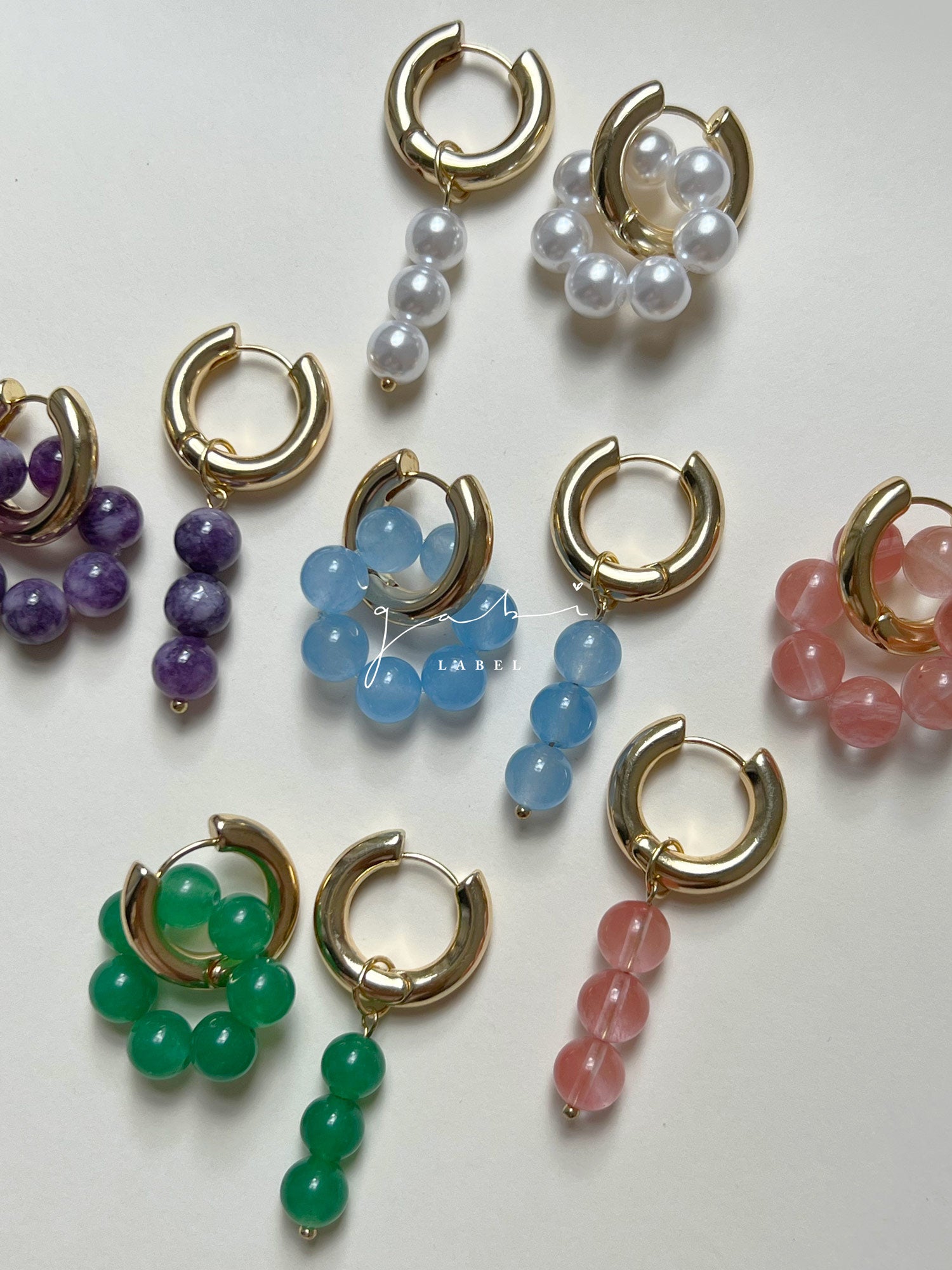 Asymmetrical Hoops with Natural Stones - Pink