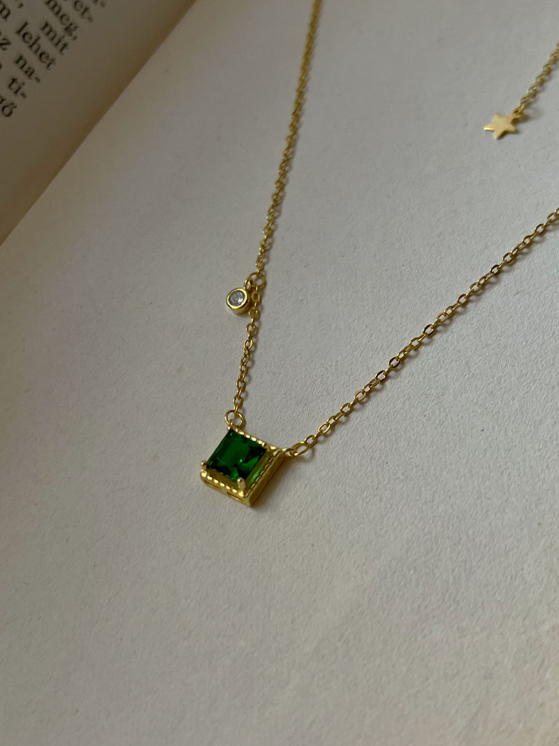 Platinum Square Emerald Double Halo Diamond Necklace | John Thomas Jewelers