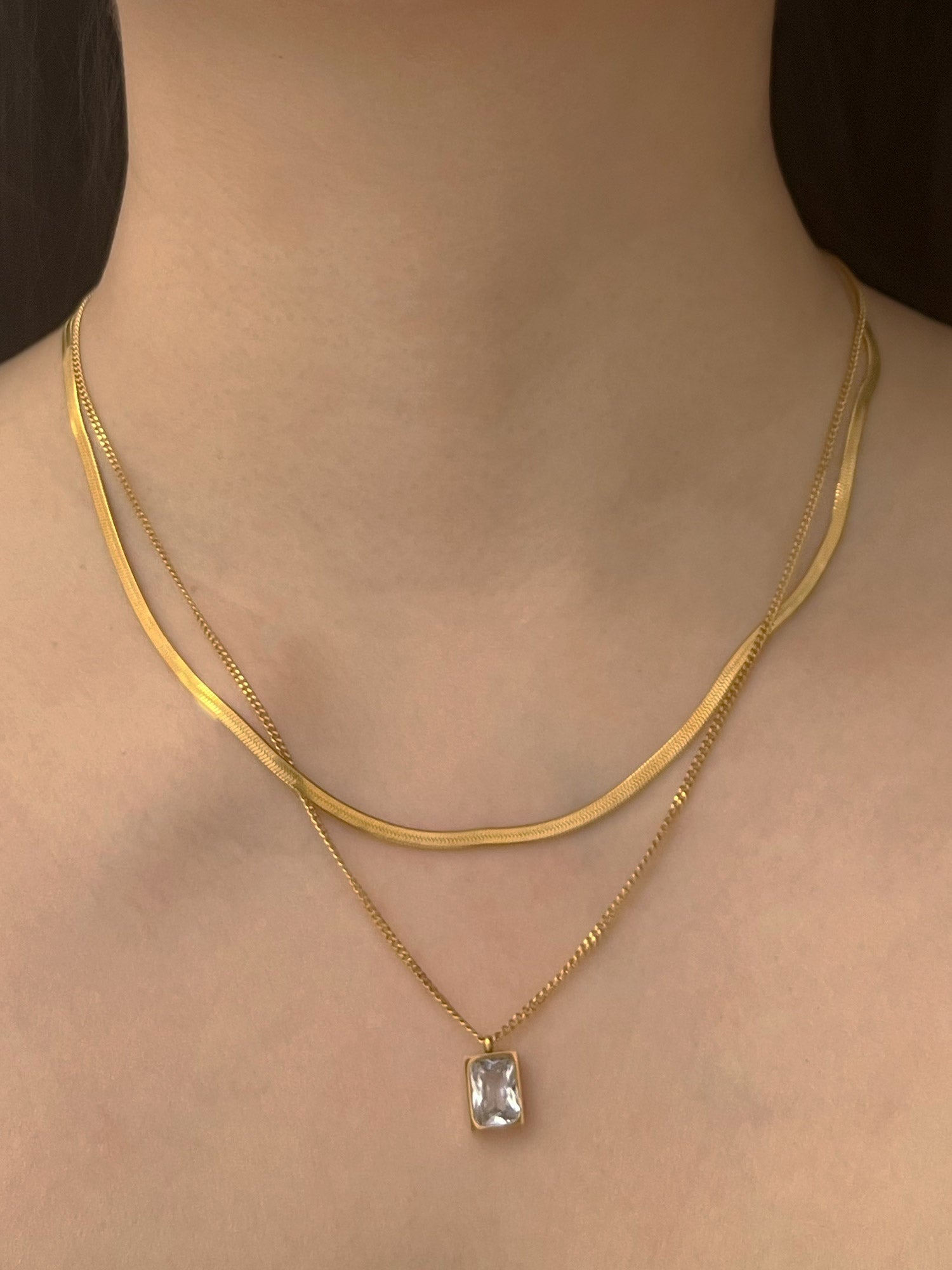 Snake Layered Necklace - Clear Rectangular Gemstone