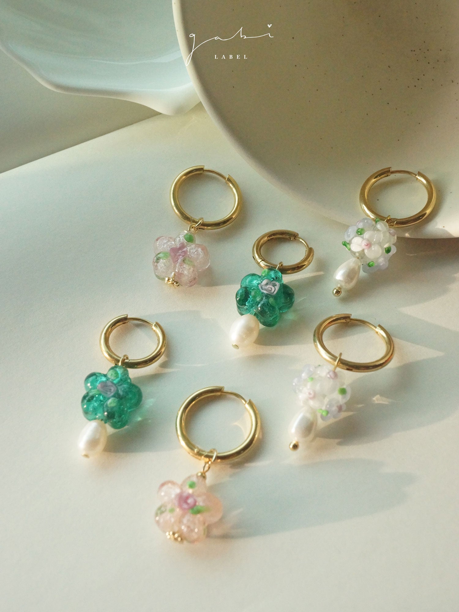 Teal-Green Glass Flower & Pearl Hoop Earrings