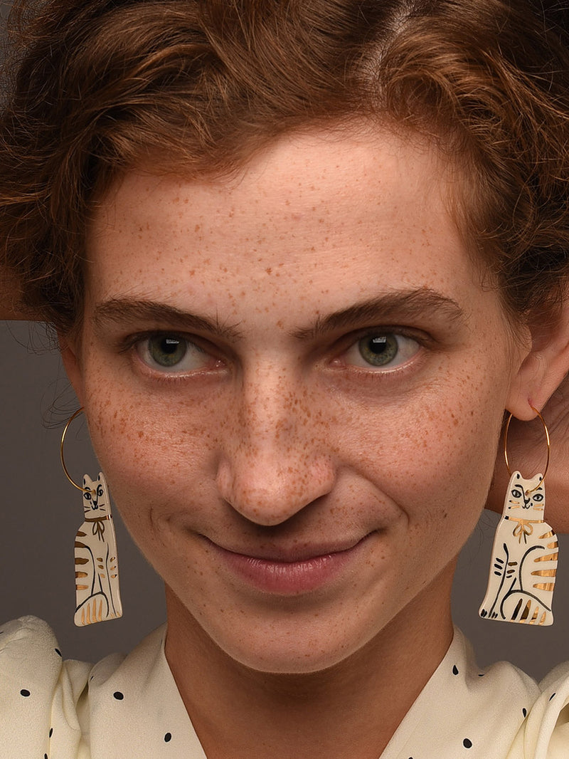 Ceramic Handpainted Cat Hoops with Stripes - Silver