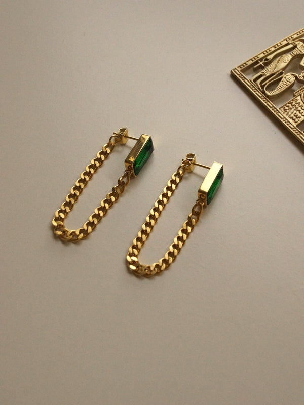 Titanium Steel Chain Earrings - Emerald Green *18K Gold-plated