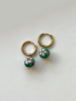 Green Flower Cloisonne Hoops