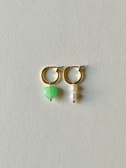 Mismatched Stone Hoop Earrings - Green Jade/Pearls