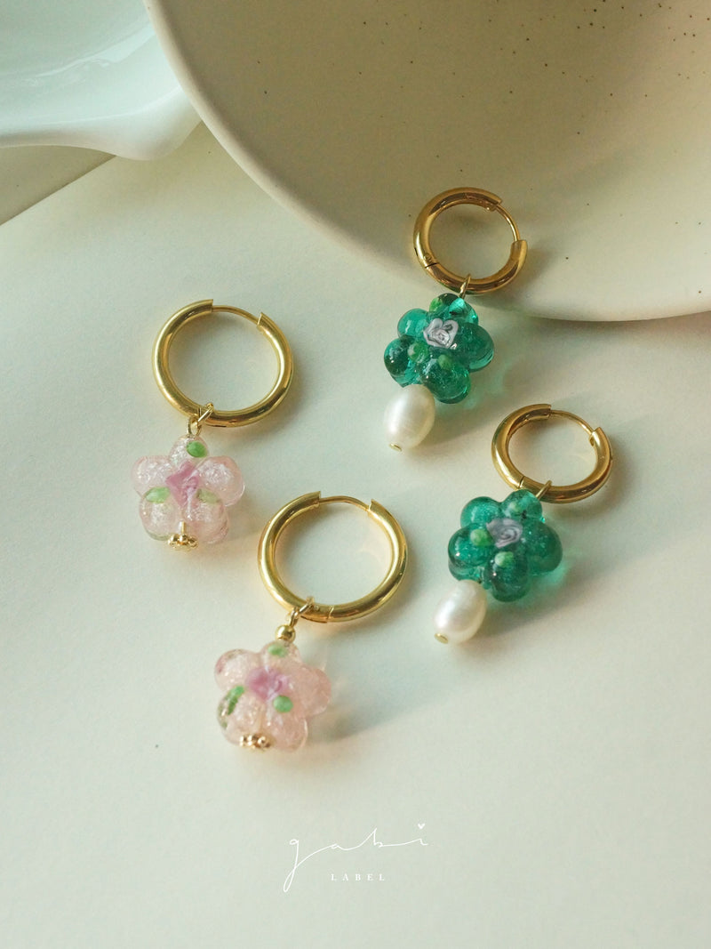 Teal-Green Glass Flower & Pearl Hoop Earrings