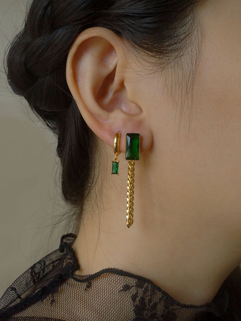 Titanium Steel Chain Earrings - Emerald Green *18K Gold-plated