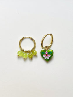 Quirky Mismatched Hoops with Natural Stones - Green