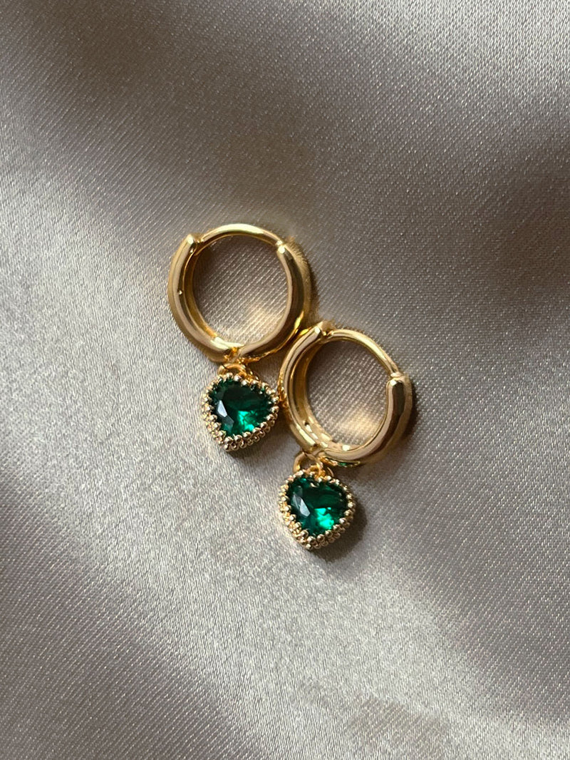 Secret Treasure Heart Gemstone Huggies - Emerald Green