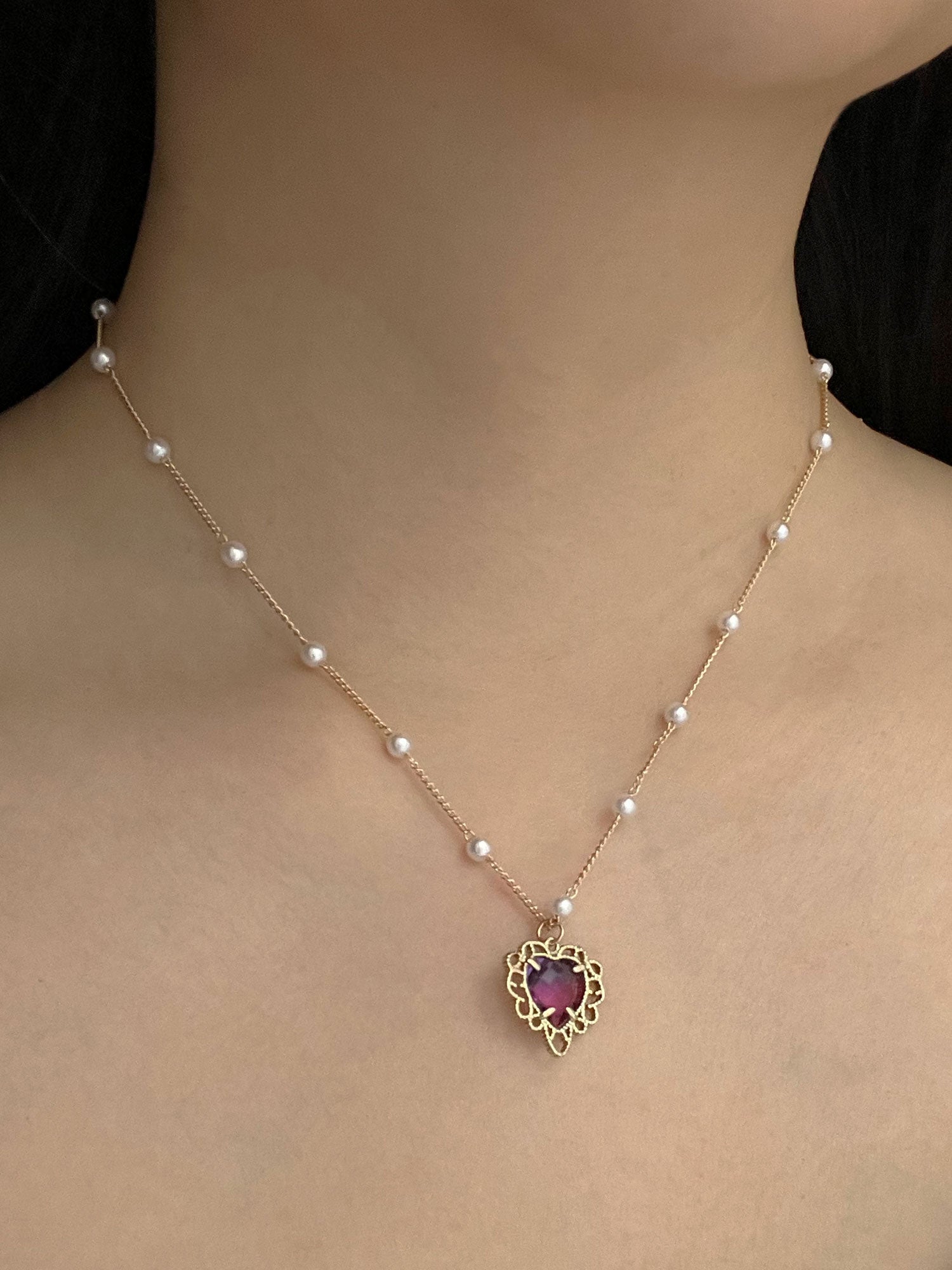 Pearl Necklace with Purple Heart Charm