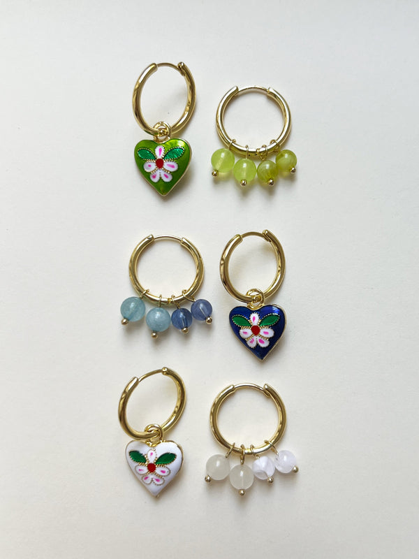 Quirky Mismatched Hoops with Natural Stones - Green