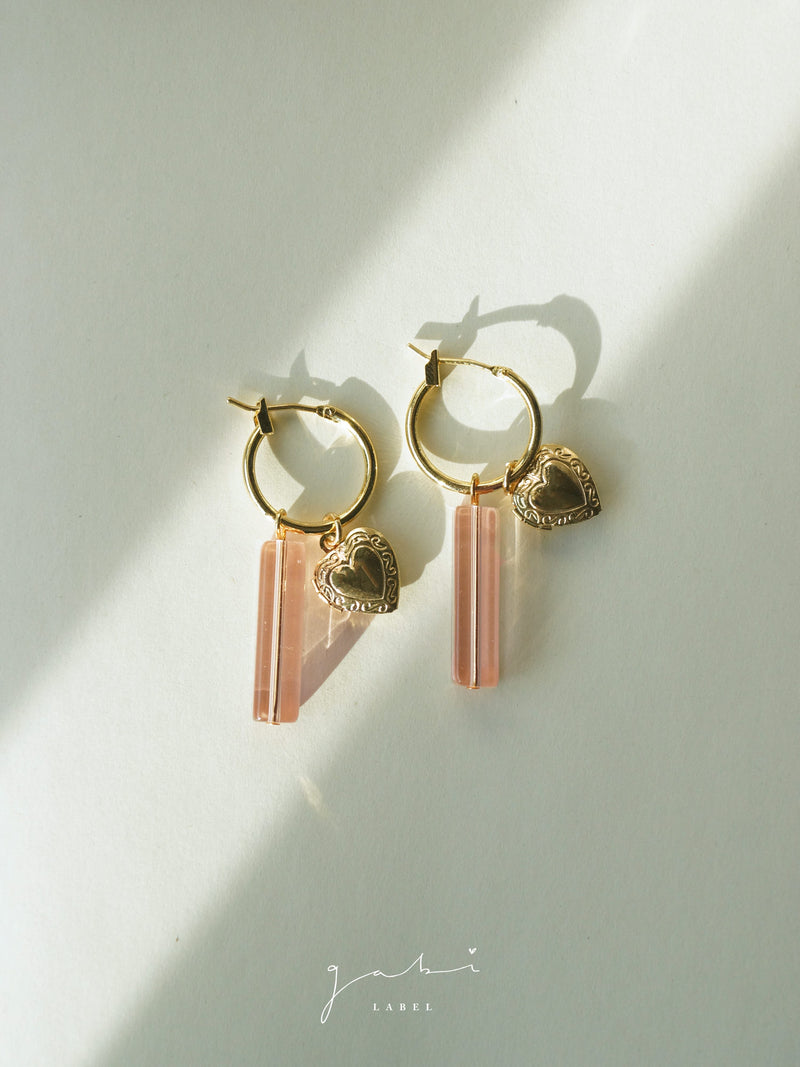 Locket & Glass Dangle Hoops - Pink