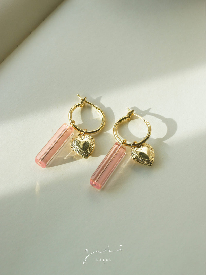 Locket & Glass Dangle Hoops - Pink
