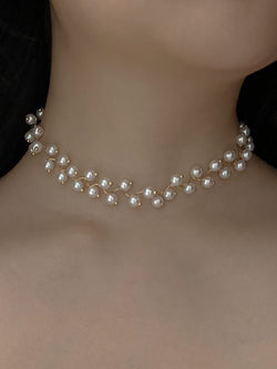  Pearl Choker Necklace for Women Lady - 3 Layered White