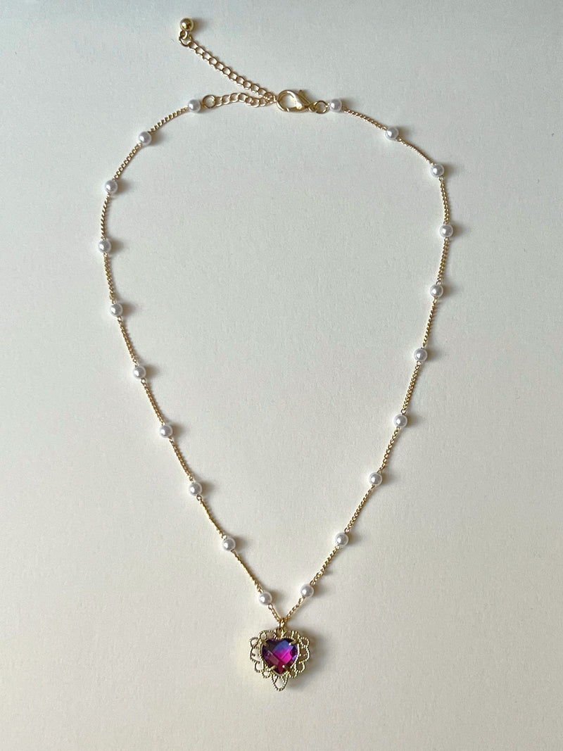 Pearl Necklace with Purple Heart Charm