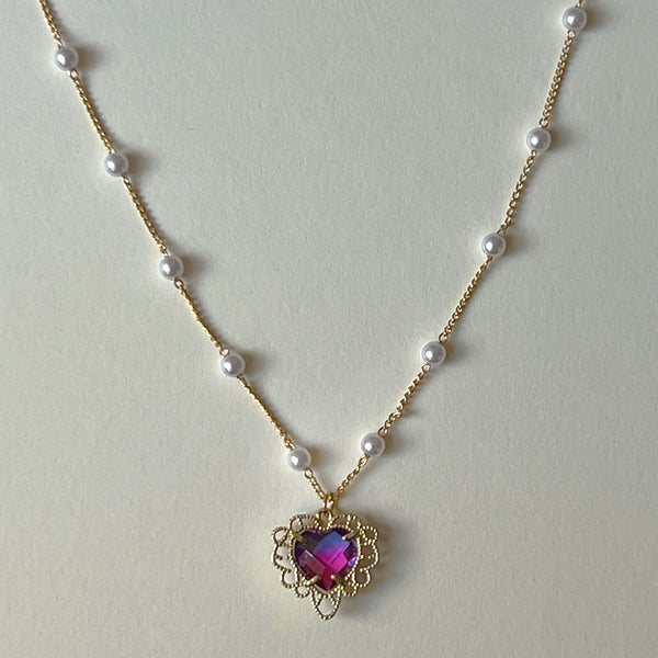 Esmée Red Glaze Heart Pendant Pearl Necklace – Classicharms