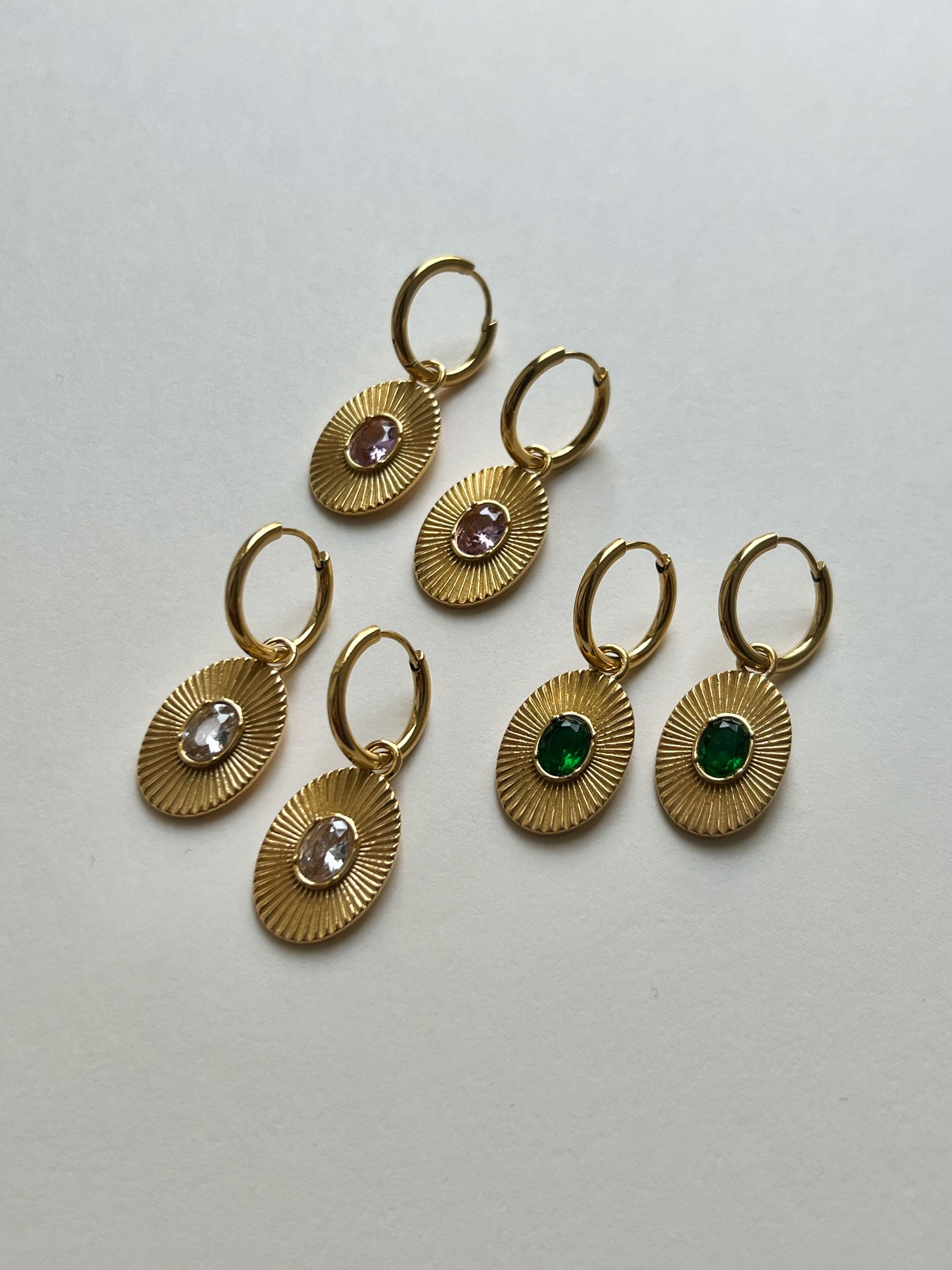 Oval Gemstone Pendant Hoops - Emerald Green