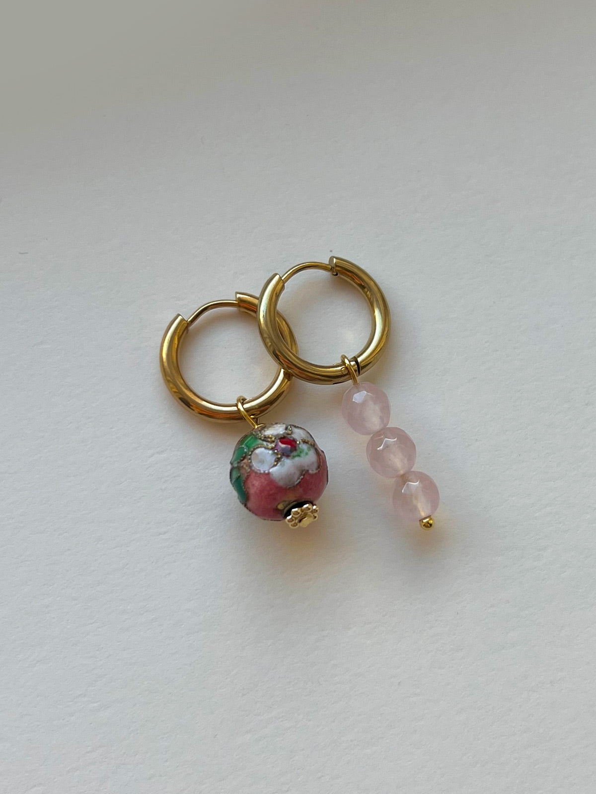 Flower Cloisonne & Little Stone Mismatched Hoops - Pink