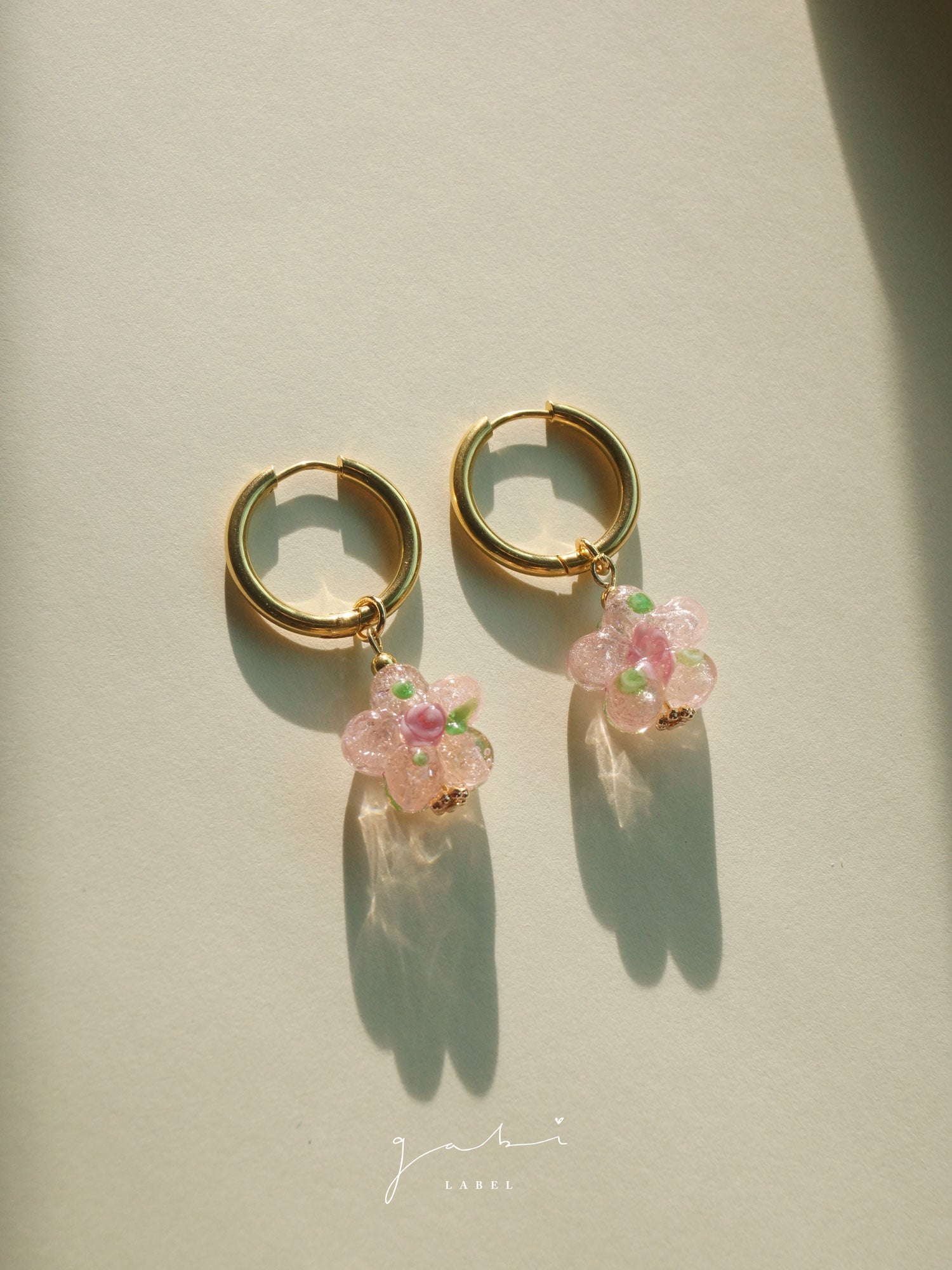 Pink Glass Flower Hoop Earrings