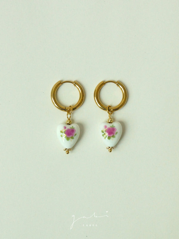 Ceramic Heart Hoop Earrings - Pink