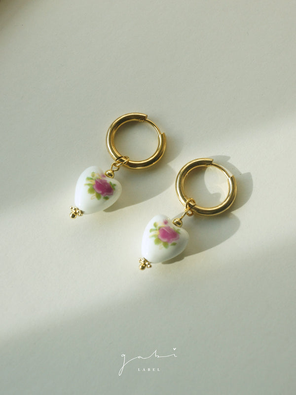 Ceramic Heart Hoop Earrings - Pink