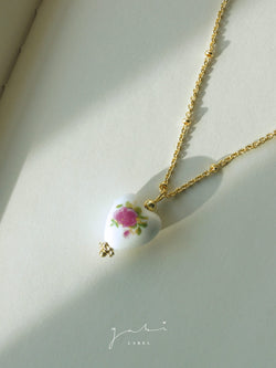 Ceramic Flower Heart Necklace - Pink