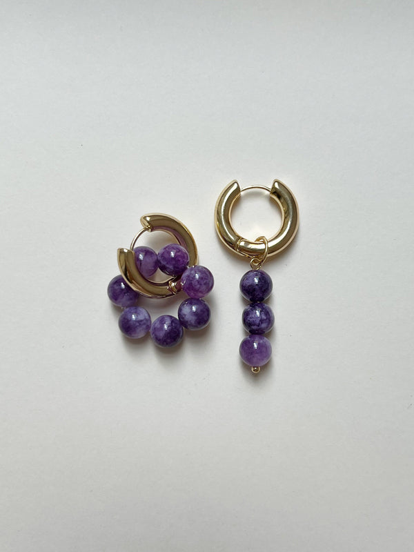 Asymmetrical Hoops with Natural Stones - Purple