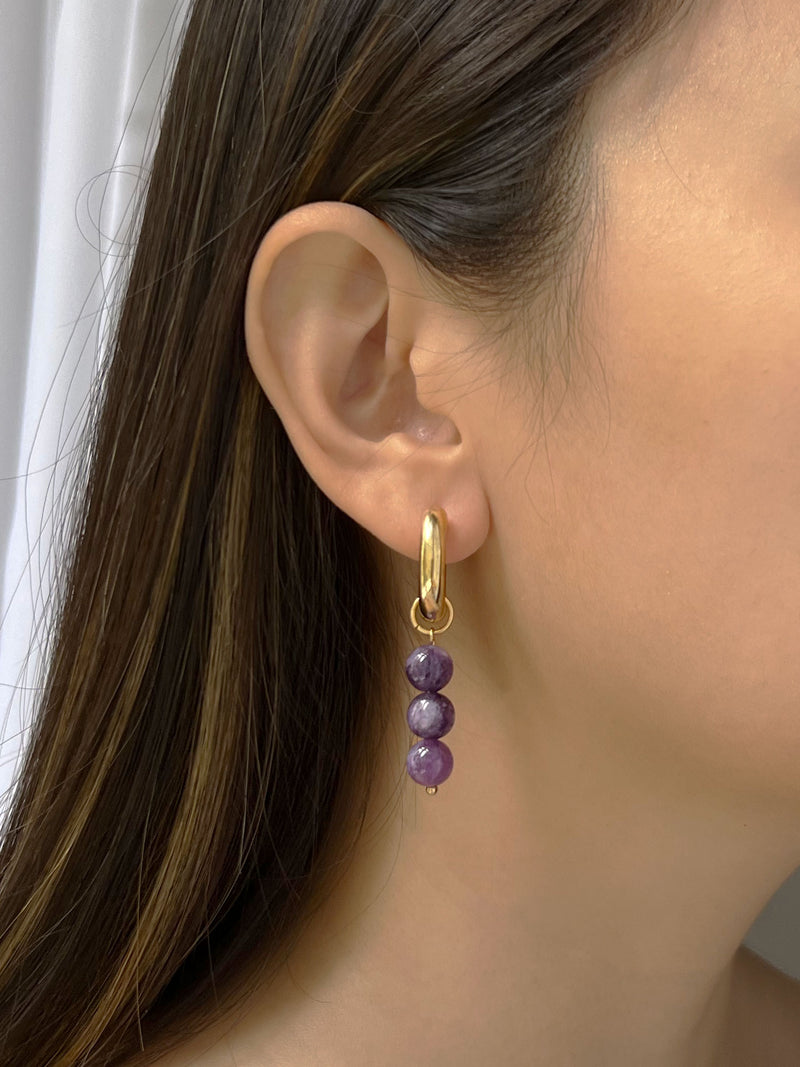 Asymmetrical Hoops with Natural Stones - Purple