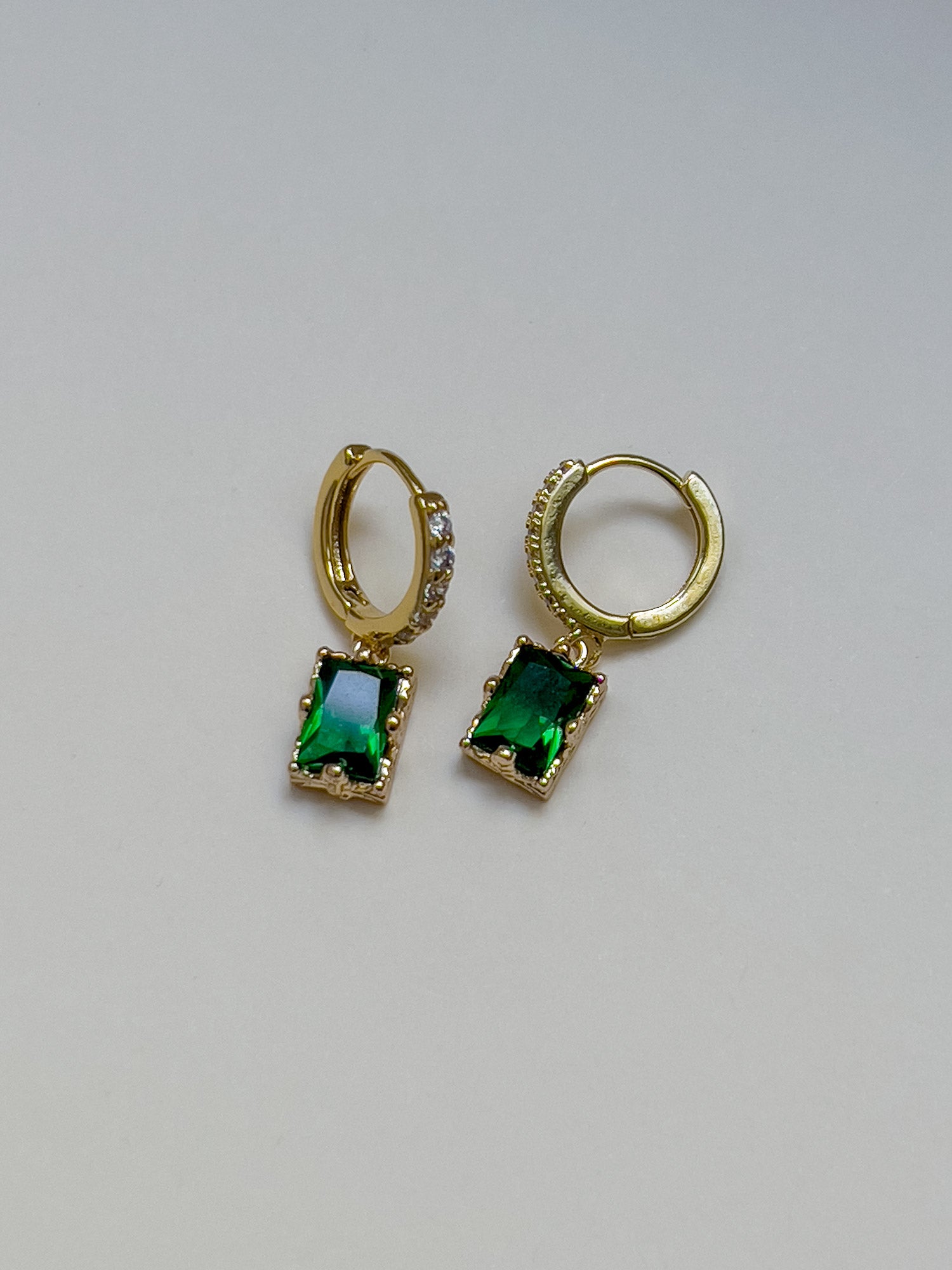 Rectangular Gemstone Pavé Huggies - Emerald Green