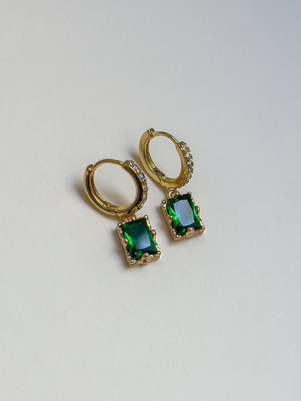 Rectangular Gemstone Pavé Huggies - Emerald Green