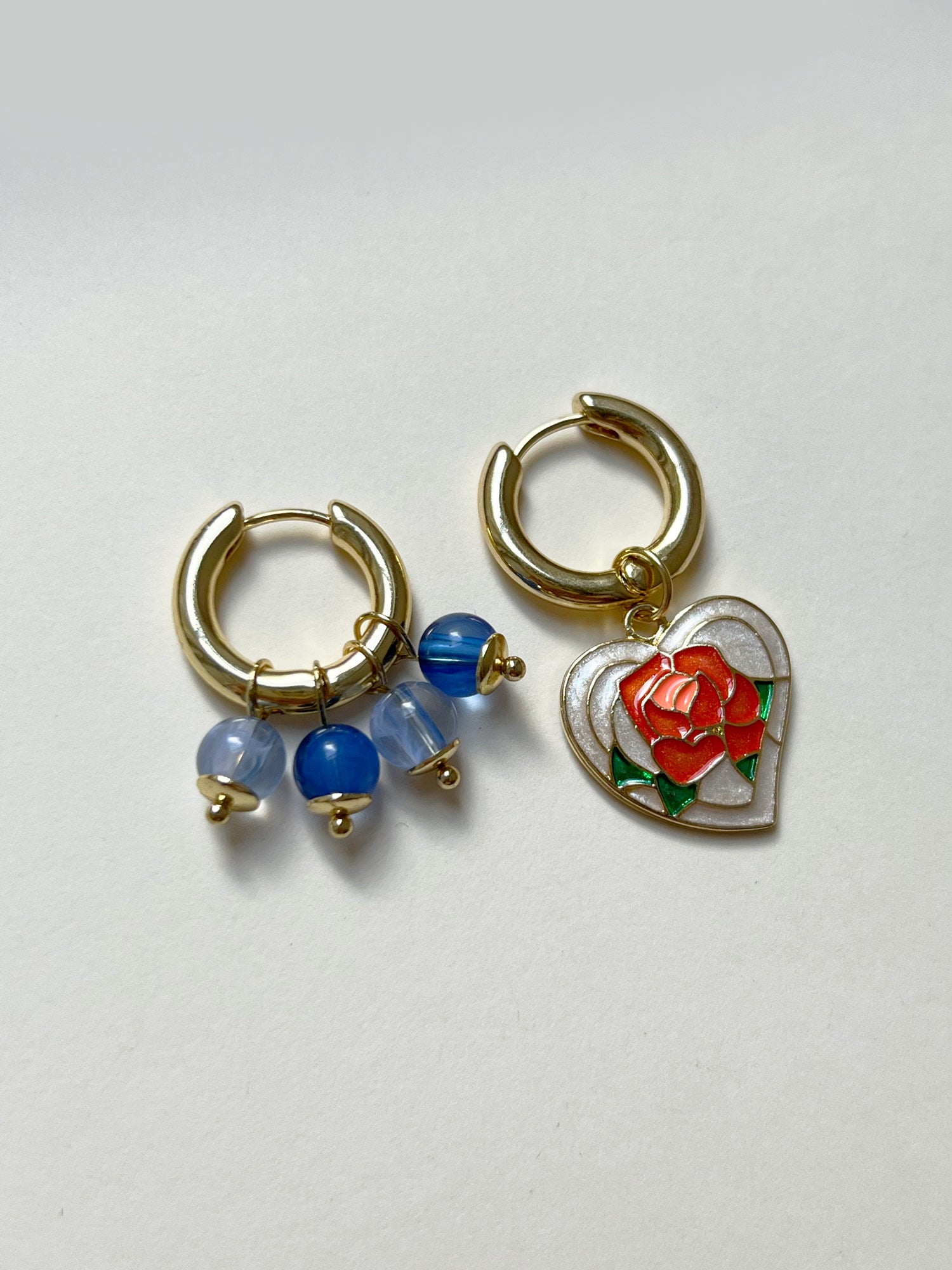 Rose Heart Mismatched Hoops with Blue Natural Stones