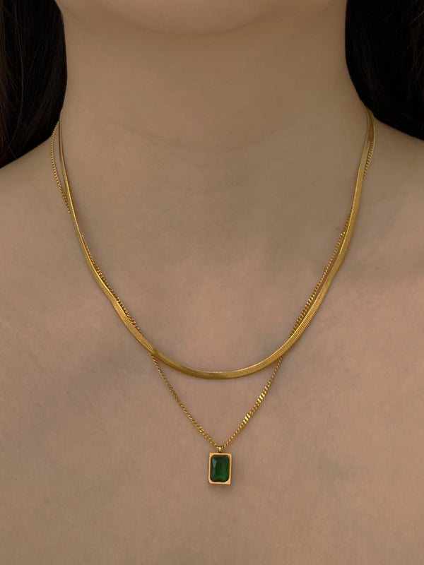 Snake Layered Necklace - Green Rectangular Gemstone