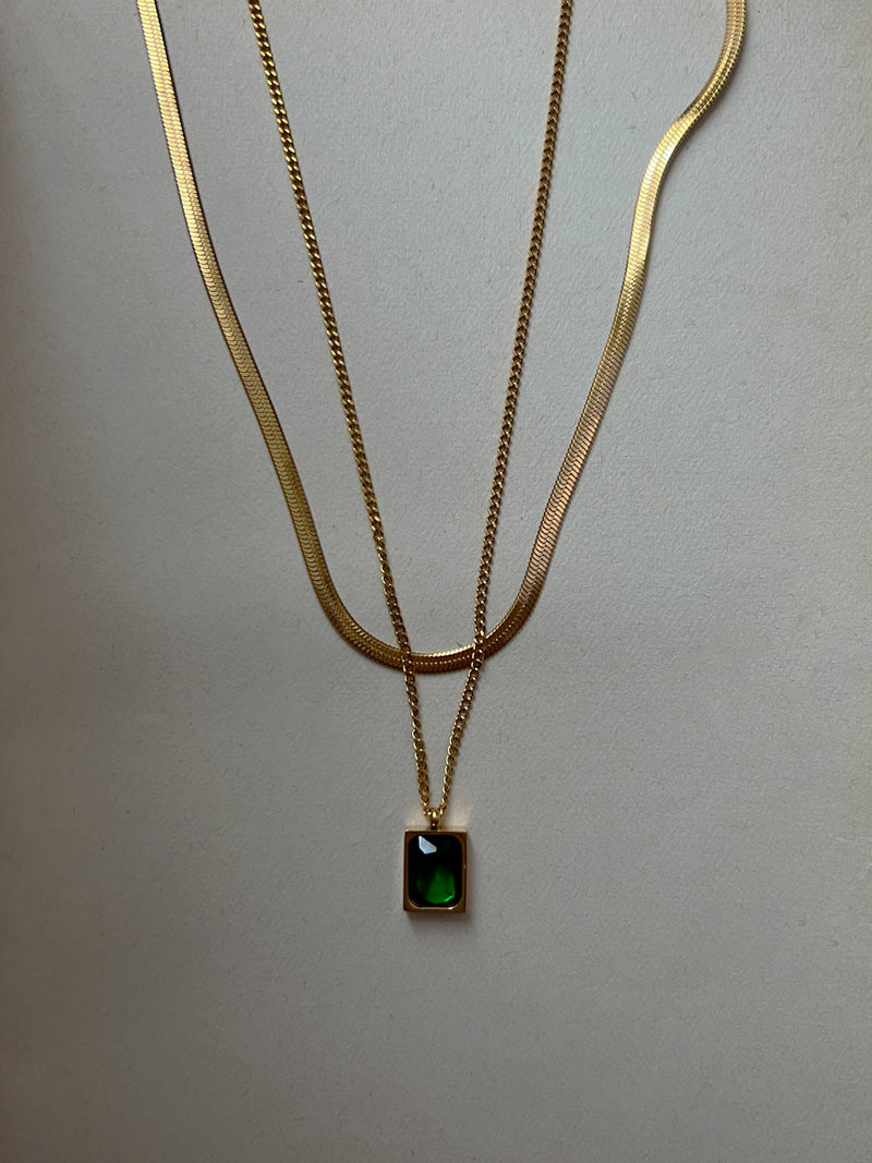Snake Layered Necklace - Green Rectangular Gemstone