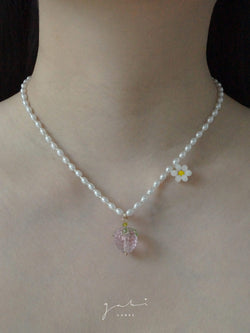 Pearl Necklace with Strawberry & Flower Pendant