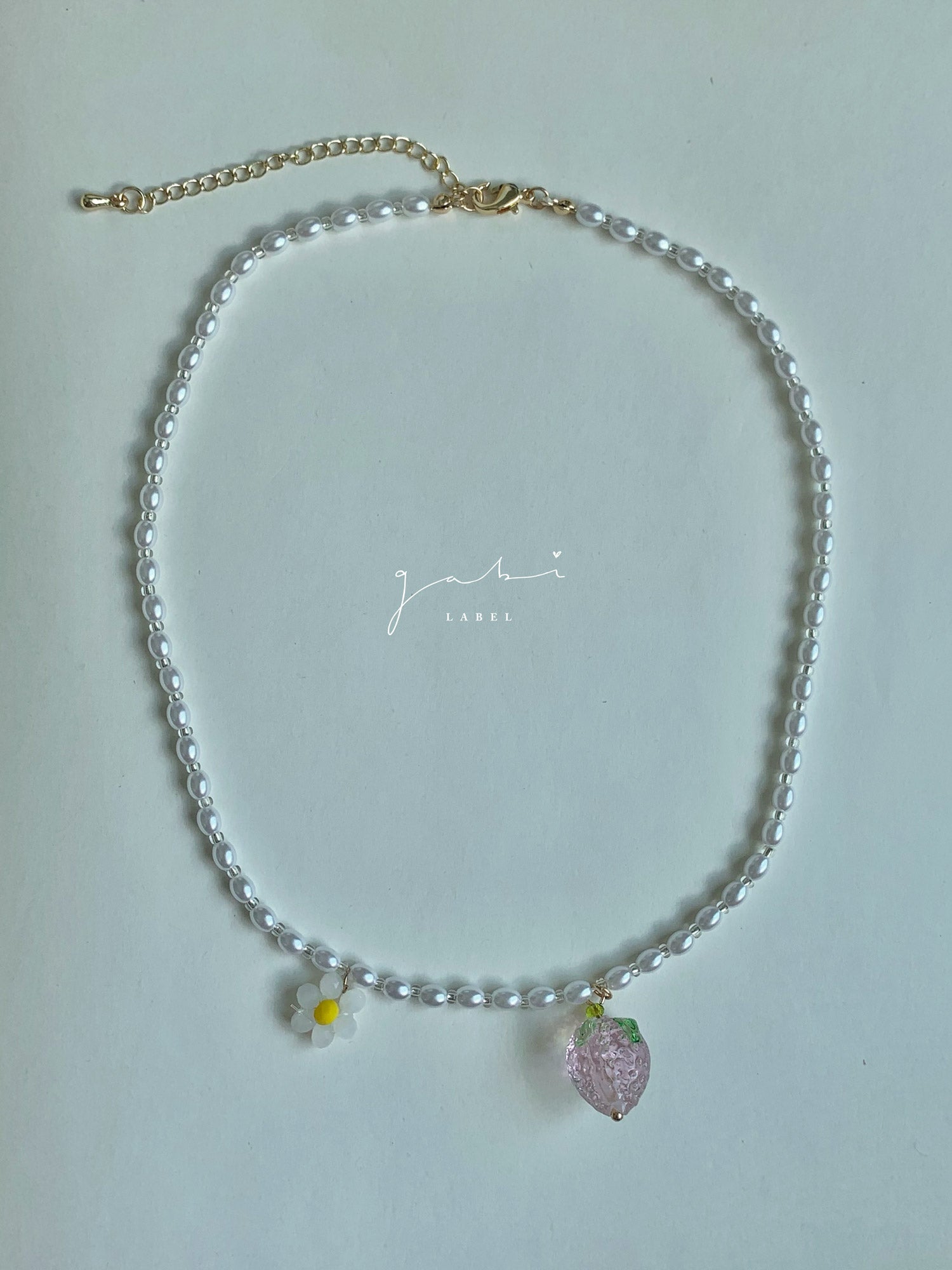 Pearl Necklace with Strawberry & Flower Pendant