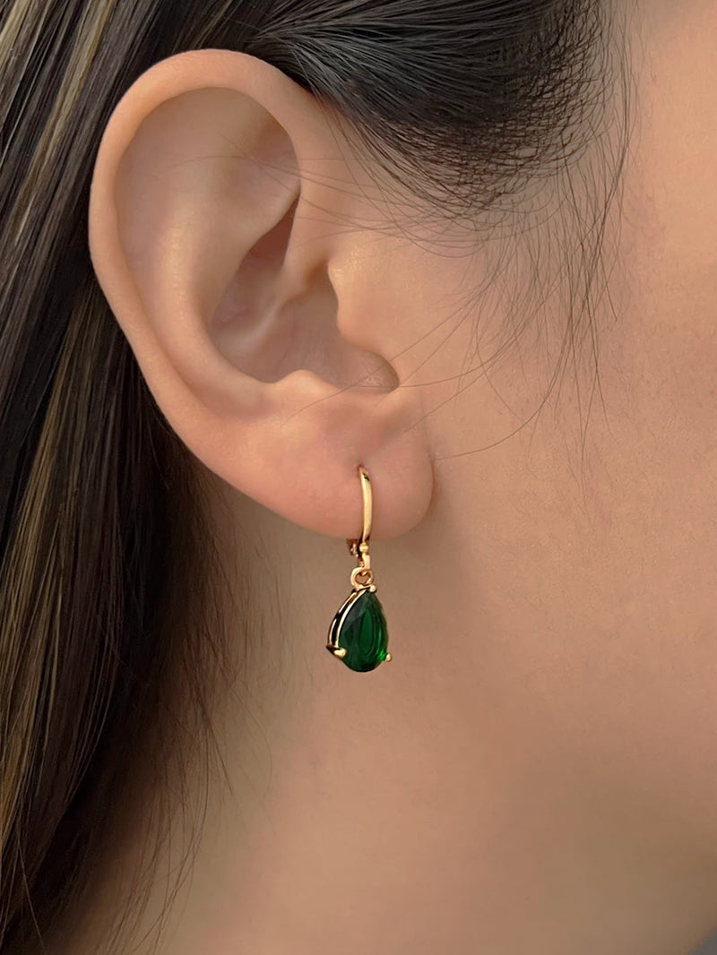 Teardrop Gemstone Huggies - Emerald Green