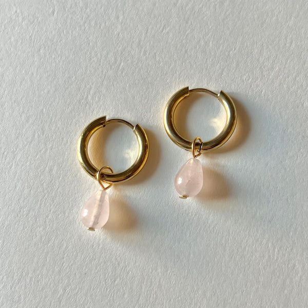 Gold teardrop earrings with rose quartz | GiB Jewels