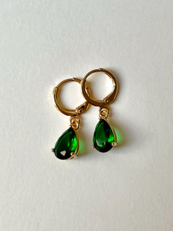 Teardrop Gemstone Huggies - Emerald Green