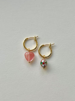 Mismatched Stone Hoop Earrings - Watermelon Pink/Cloisonne