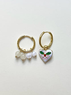 Quirky Mismatched Hoops with Natural Stones - White