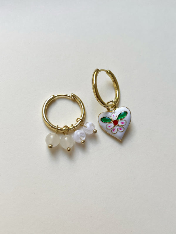 Quirky Mismatched Hoops with Natural Stones - White